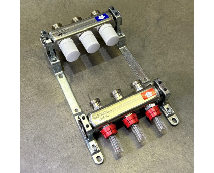 Коллекторная группа 1" Uni-Fitt 450Bнерж. сталь 3 выхода 3/4" с расходомерами и термостатическими вентилями без концевиков