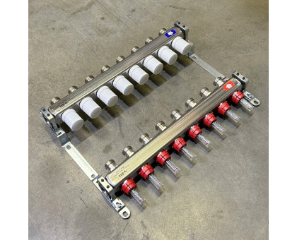 Коллекторная группа 1" Uni-Fitt 450Bнерж. сталь 8 выходов 3/4" с расходомерами и термостатическими вентилями без концевиков