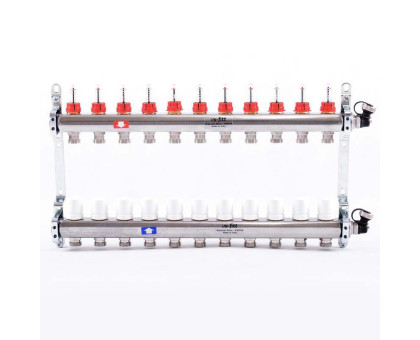 Коллекторная группа из нержавеющей стали с термостатическими вентилями и расходомерами UNI-FITT 1"x3/4"ЕК 11 выходов