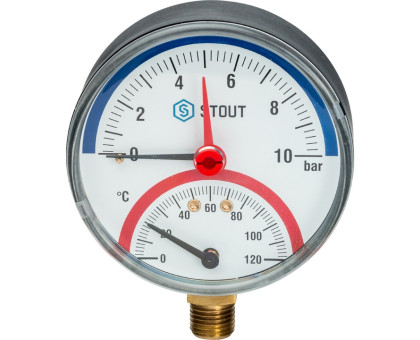 Термоманометр Stout радиальный в комплекте с автоматическим запорным клапаном. Корпус Dn 80мм 1/2", 0...120°C, 0-10 бар. (SIM-0006-801015)